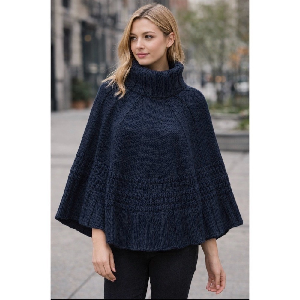 Tommy Hilfiger Sweater Womens One Size Navy Blue Chunky Knit Cape cable nautical
